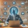 Image représentant une formation en stratégies numériques 360 avec un professionnel utilisant des outils numériques et des icônes de Google et d'intelligence artificielle.