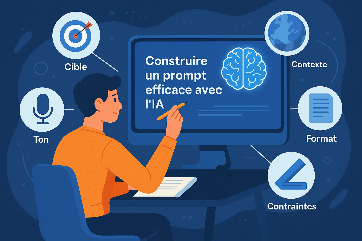 Illustration d’un jeune professionnel concentré en train d’écrire un prompt pour une intelligence artificielle sur son ordinateur portable.