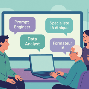 Illustration colorée représentant quatre professionnels dans les nouveaux métiers de l’intelligence artificielle : data analyst, ingénieur en prompt engineering, expert en éthique de l’IA et développeur d’IA.