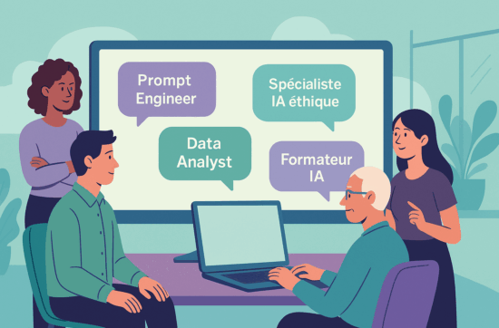 Illustration colorée représentant quatre professionnels dans les nouveaux métiers de l’intelligence artificielle : data analyst, ingénieur en prompt engineering, expert en éthique de l’IA et développeur d’IA.