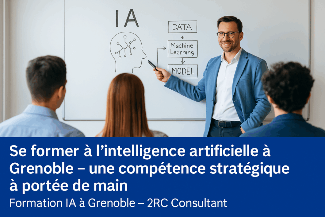 Personnes en formation devant un tableau présentant des schémas liés à l’intelligence artificielle.