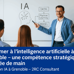 Personnes en formation devant un tableau présentant des schémas liés à l’intelligence artificielle.