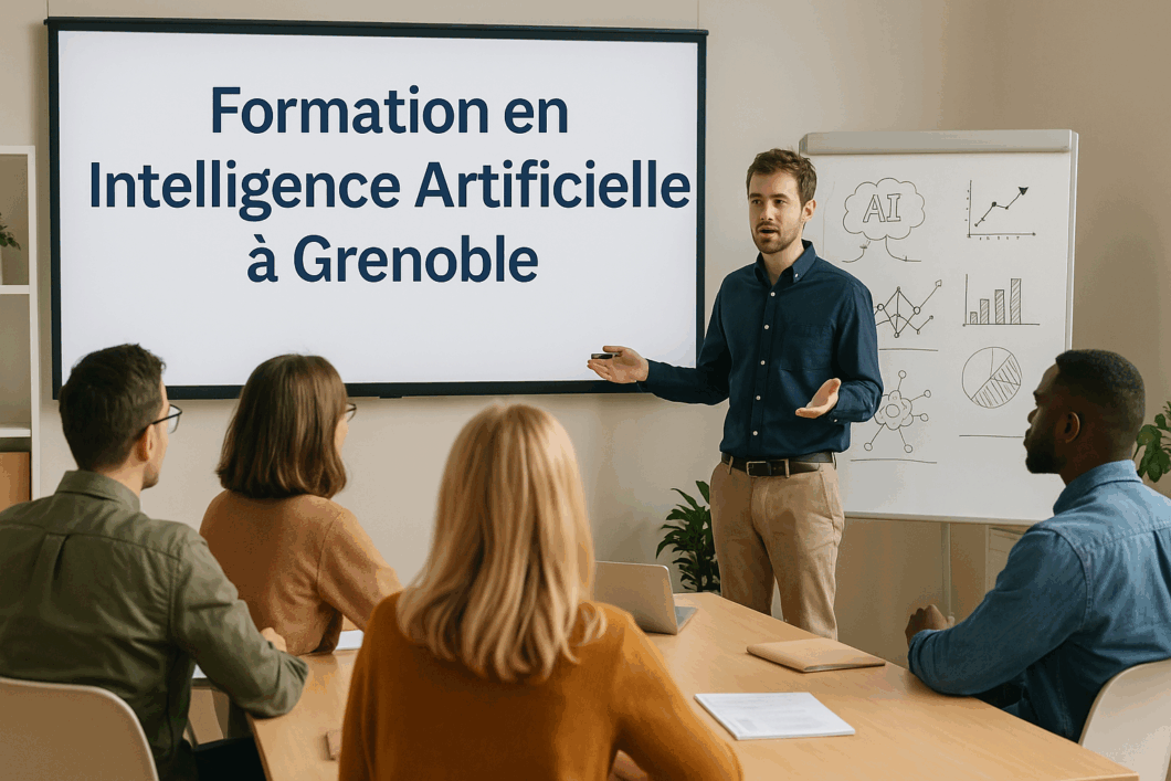 Groupe d’adultes en formation IA dans une salle à Grenoble avec formateur