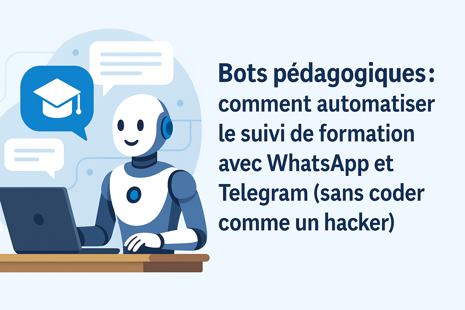 Schéma digital illustrant l’utilisation de Make.com pour automatiser le suivi pédagogique d’une formation en intelligence artificielle.
