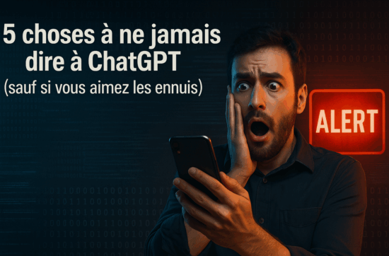 Illustration d'un homme effrayé devant un symbole d'alerte rouge, représentant les dangers de partager des informations sensibles avec ChatGPT.