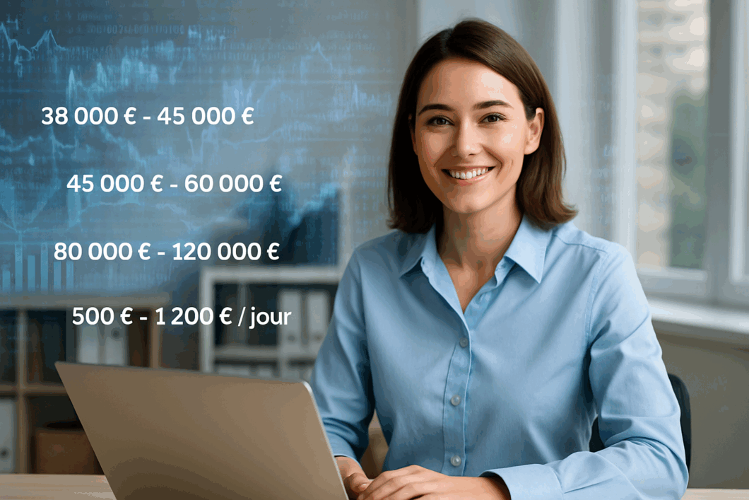 Femme réfléchissant à une reconversion dans l’intelligence artificielle, avec des données futuristes autour d’elle