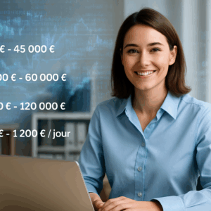 Femme réfléchissant à une reconversion dans l’intelligence artificielle, avec des données futuristes autour d’elle