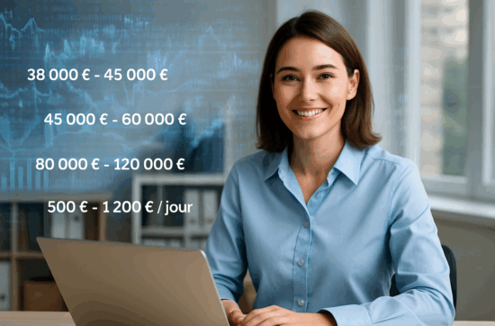 Femme réfléchissant à une reconversion dans l’intelligence artificielle, avec des données futuristes autour d’elle