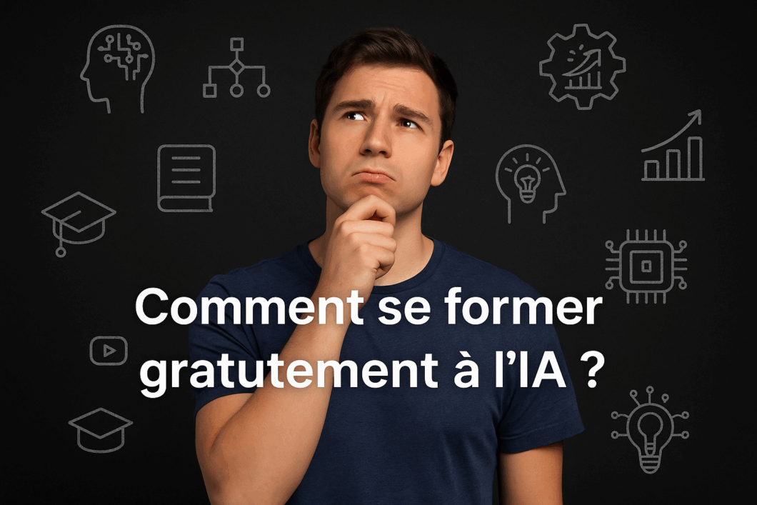 Jeune homme sur fond noir, entouré de symboles d’intelligence artificielle et de data, avec l’inscription “Comment se former gratuitement à l’IA ?”