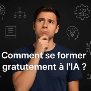 Jeune homme sur fond noir, entouré de symboles d’intelligence artificielle et de data, avec l’inscription “Comment se former gratuitement à l’IA ?”