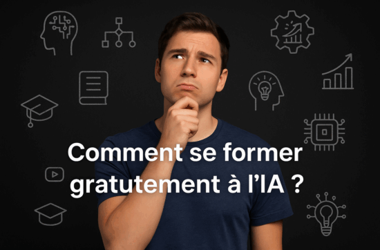 Jeune homme sur fond noir, entouré de symboles d’intelligence artificielle et de data, avec l’inscription “Comment se former gratuitement à l’IA ?”