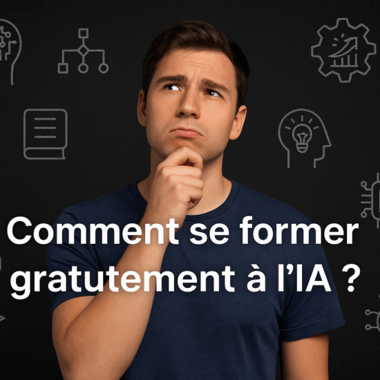 Jeune homme sur fond noir, entouré de symboles d’intelligence artificielle et de data, avec l’inscription “Comment se former gratuitement à l’IA ?”