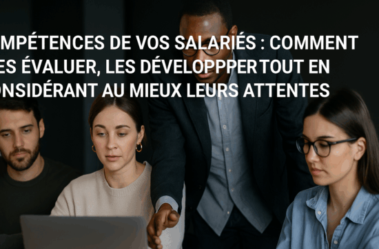 Groupe de professionnels en réunion dans une ambiance moderne, représentant l’évaluation et la gestion des compétences en entreprise, sur fond noir avec texte en surimpression.