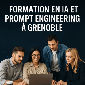 Des professionnels en formation sur l’intelligence artificielle et le prompt engineering à Grenoble, réunis autour d’un formateur dans une ambiance studieuse sur fond noir.