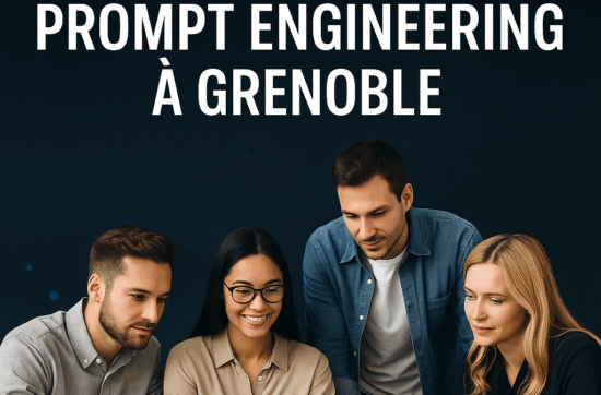 Des professionnels en formation sur l’intelligence artificielle et le prompt engineering à Grenoble, réunis autour d’un formateur dans une ambiance studieuse sur fond noir.