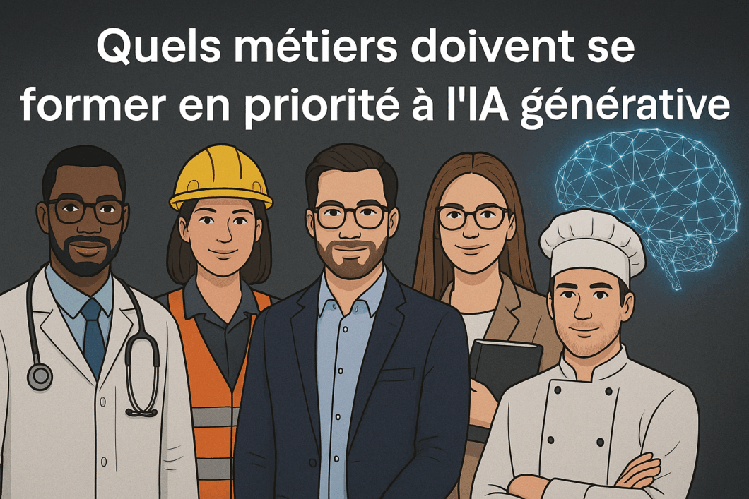 Illustration de cinq professionnels, IA générative et formation : quels métiers doivent se former en priorité ?