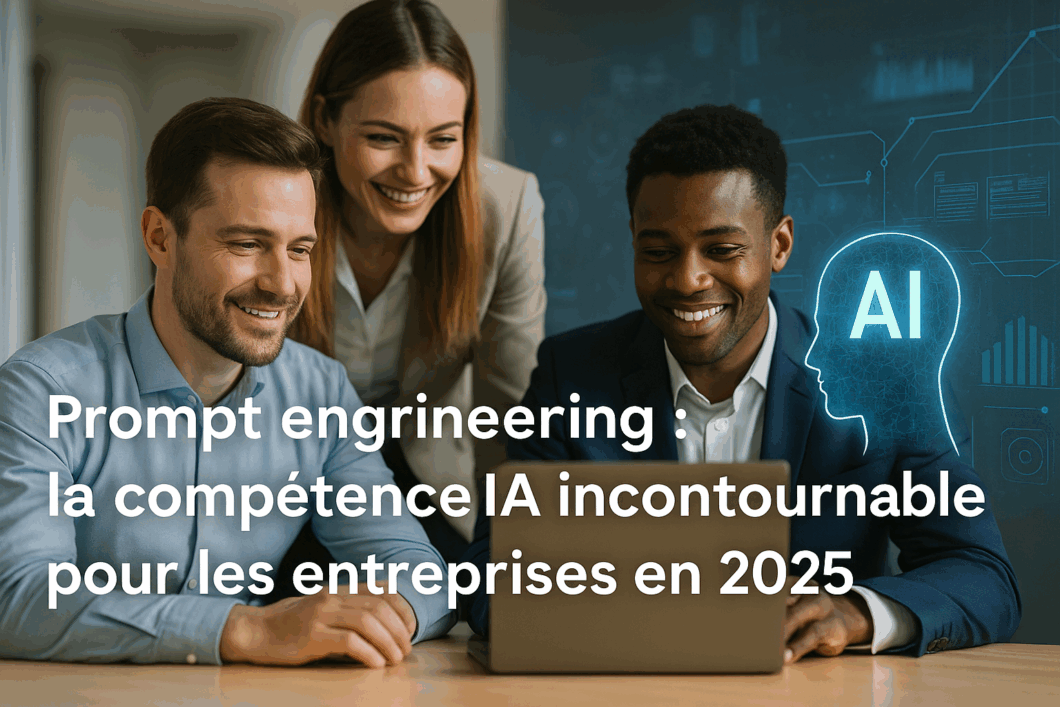 Salariés souriants dans un bureau moderne avec des éléments graphiques représentant l’intelligence artificielle en entreprise