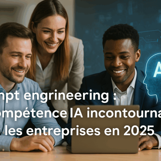 Salariés souriants dans un bureau moderne avec des éléments graphiques représentant l’intelligence artificielle en entreprise