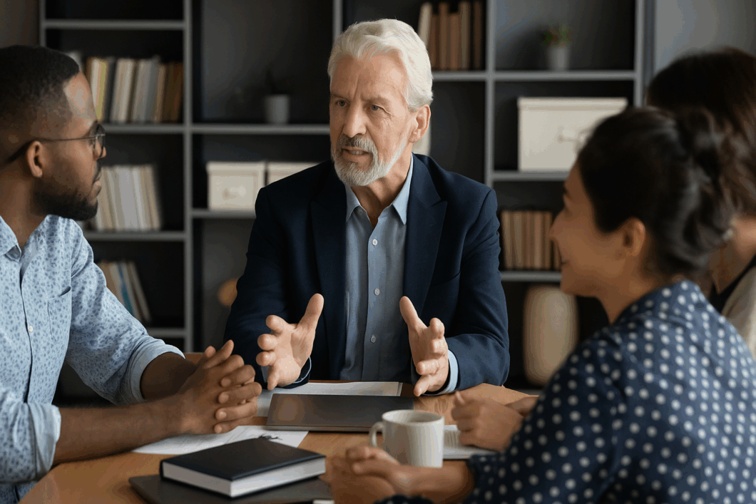 Quatre professionnels discutant autour d’un ordinateur dans un environnement moderne et collaboratif, représentant un cadre favorable à la formation continue en entreprise.