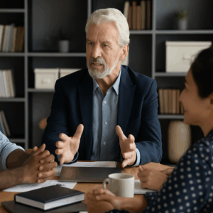 Quatre professionnels discutant autour d’un ordinateur dans un environnement moderne et collaboratif, représentant un cadre favorable à la formation continue en entreprise.