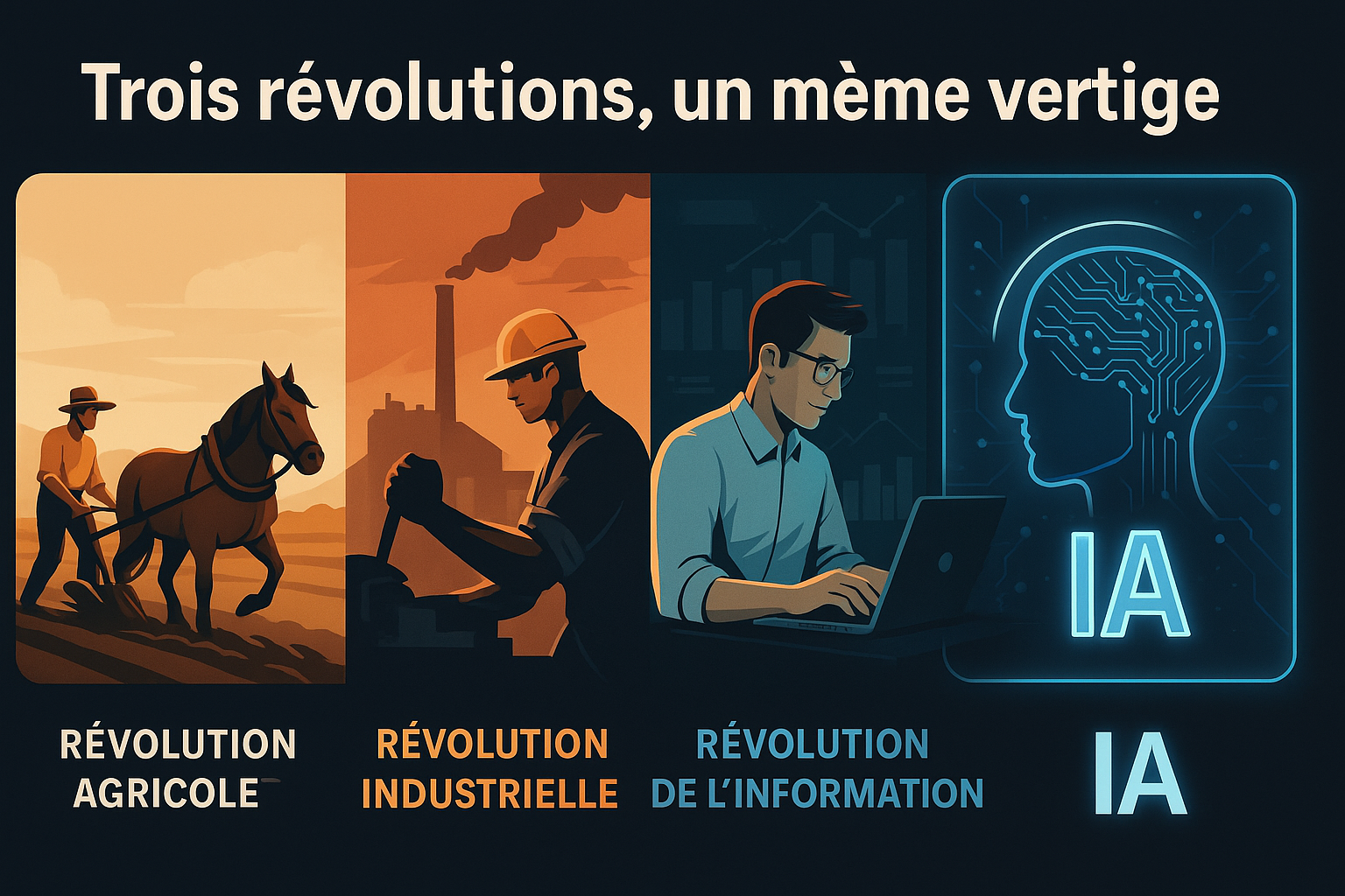 Illustration chronologique montrant quatre scènes représentant la révolution agricole (travail manuel aux champs), la révolution industrielle (machines et ouvriers), la révolution numérique (bureaux et ordinateurs), et la révolution de l’intelligence artificielle (algorithmes et automatisation). Chaque scène symbolise un moment clé de l’évolution du travail humain