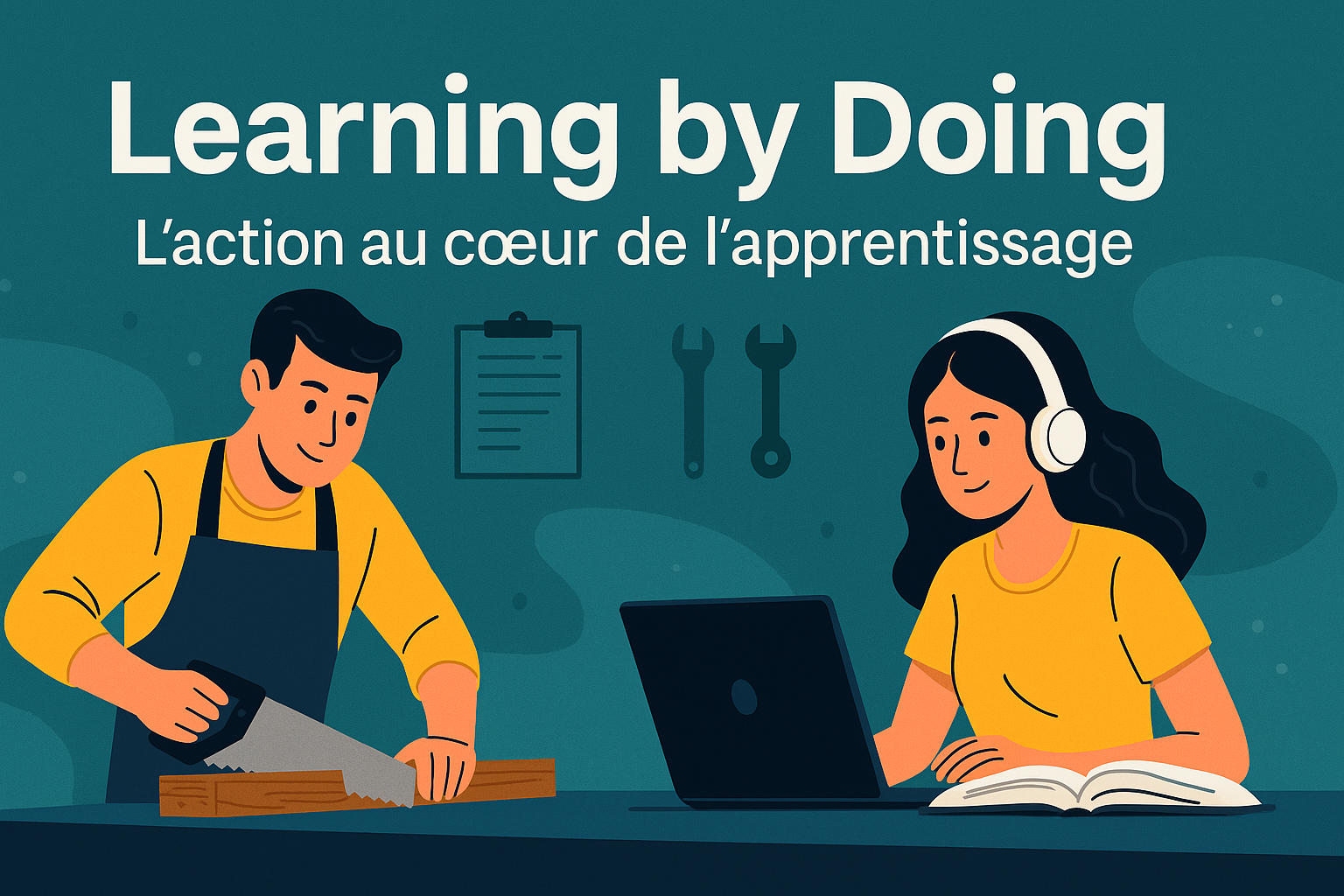 Illustration digitale moderne représentant des apprenants en pleine activité pratique, aux côtés d’un formateur, dans un cadre dynamique illustrant la méthode d’apprentissage "Learning by Doing".