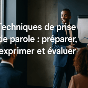Formatrice professionnelle debout devant un public attentif dans une salle moderne, illustrant une prise de parole réussie lors d’une réunion ou d’une formation.