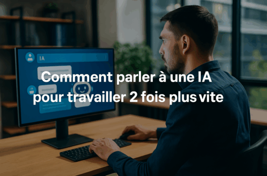 Employé utilisant une interface d’intelligence artificielle dans un bureau moderne pour automatiser ses tâches et améliorer sa productivité.