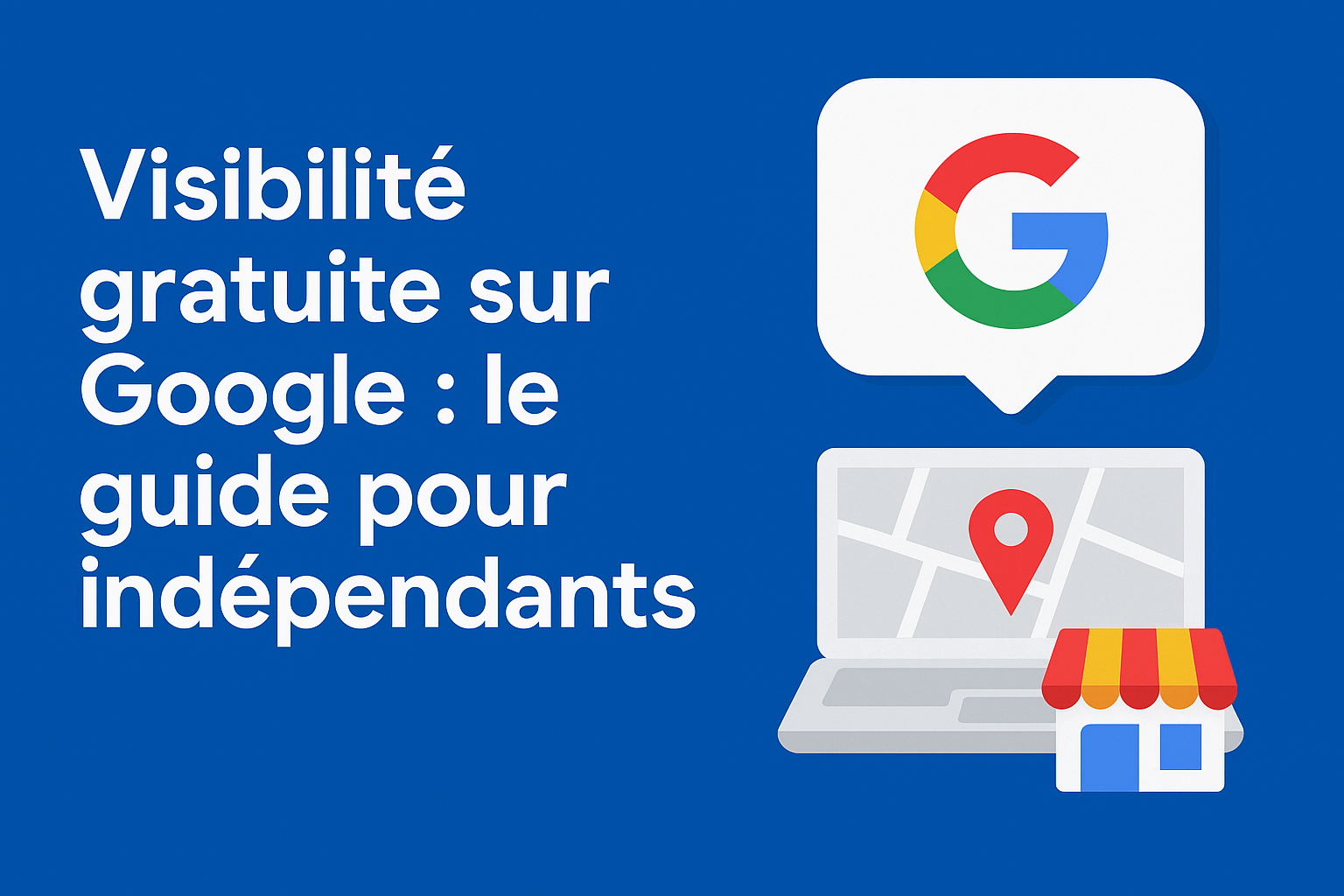 Graphisme représentant un professionnel indépendant gérant sa visibilité en ligne via les outils gratuits de Google comme la fiche établissement, les avis clients et Google Maps, avec une ambiance moderne et dynamique.