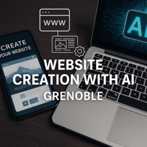 Création d’un site internet à Grenoble à l’aide d’un ordinateur portable, d’un smartphone et d’une interface web moderne, illustrant l’utilisation de l’intelligence artificielle et du code