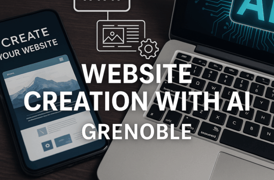Création d’un site internet à Grenoble à l’aide d’un ordinateur portable, d’un smartphone et d’une interface web moderne, illustrant l’utilisation de l’intelligence artificielle et du code