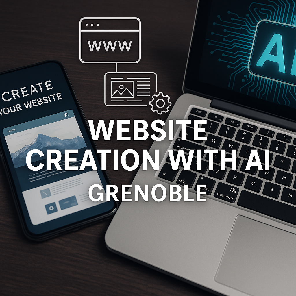 Création d’un site internet à Grenoble à l’aide d’un ordinateur portable, d’un smartphone et d’une interface web moderne, illustrant l’utilisation de l’intelligence artificielle et du code