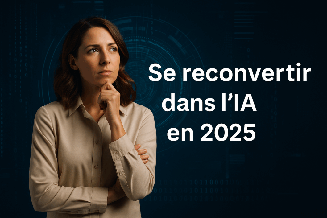 Femme professionnelle concentrée devant un écran en formation sur le prompt engineering en entreprise, entourée d’éléments graphiques d’IA.