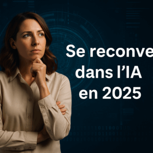 Femme professionnelle concentrée devant un écran en formation sur le prompt engineering en entreprise, entourée d’éléments graphiques d’IA.
