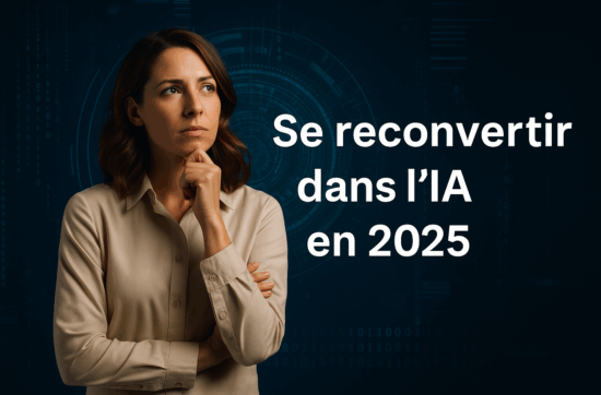 Femme professionnelle concentrée devant un écran en formation sur le prompt engineering en entreprise, entourée d’éléments graphiques d’IA.