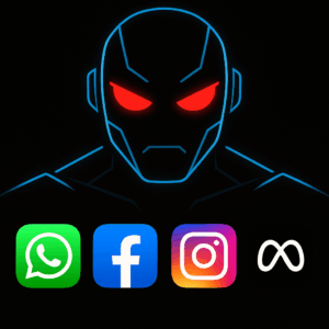 Illustration représentant une intelligence artificielle aux yeux rouges surveillant les applications Meta comme Facebook, Instagram, WhatsApp et Messenger sur un fond noir