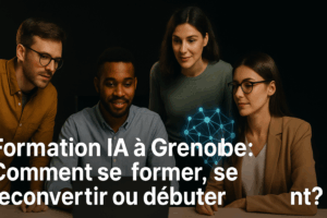 Groupe de personnes en formation sur l’intelligence artificielle, devant un fond sombre avec des éléments technologiques, illustrant un article sur la formation IA à Grenoble.