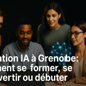 Groupe de personnes en formation sur l’intelligence artificielle, devant un fond sombre avec des éléments technologiques, illustrant un article sur la formation IA à Grenoble.