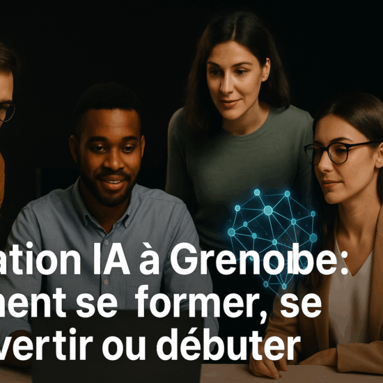 Groupe de personnes en formation sur l’intelligence artificielle, devant un fond sombre avec des éléments technologiques, illustrant un article sur la formation IA à Grenoble.