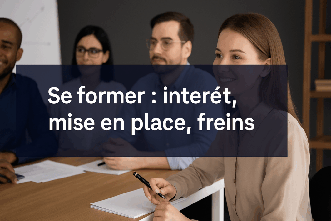 Groupe de professionnels en formation, assis autour d’une table dans un environnement moderne, avec en surimpression le titre "Se former : intérêt, mise en place, freins" sur fond sombre.