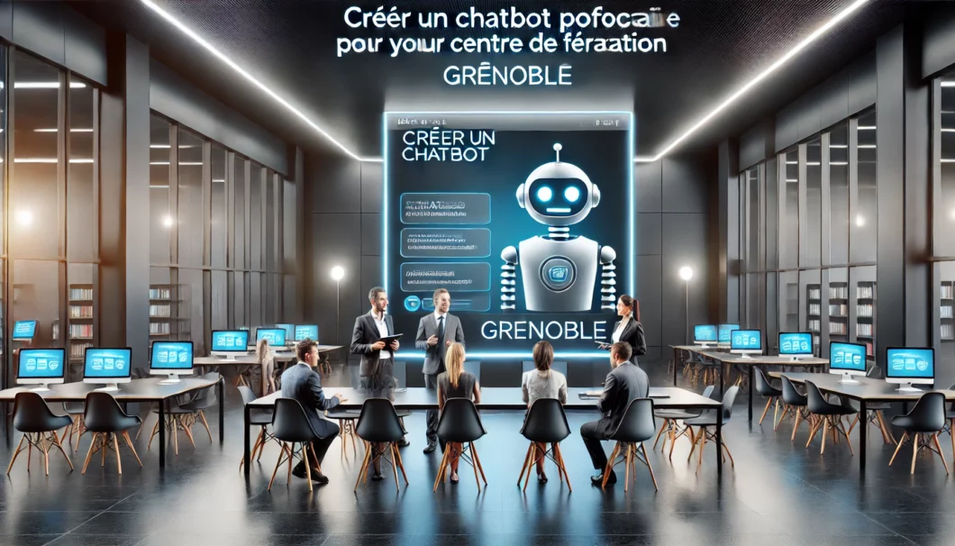 Centre de formation moderne à Grenoble avec formateur utilisant un chatbot pédagogique sur écran, symbolisant l’intégration de l’intelligence artificielle dans les outils de formation professionnelle.