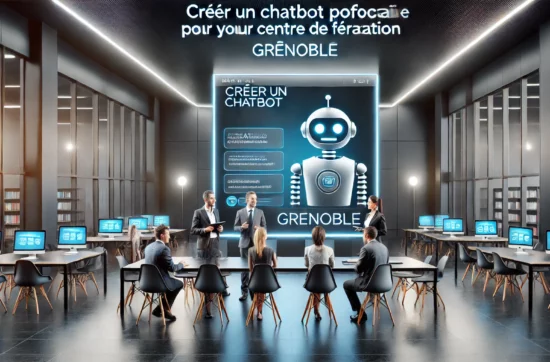 Centre de formation moderne à Grenoble avec formateur utilisant un chatbot pédagogique sur écran, symbolisant l’intégration de l’intelligence artificielle dans les outils de formation professionnelle.