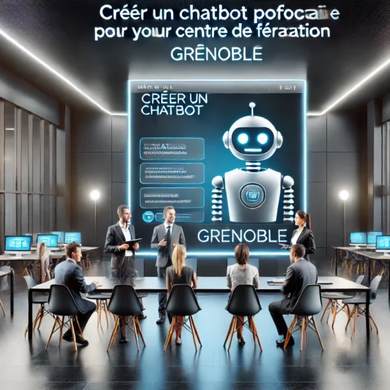 Centre de formation moderne à Grenoble avec formateur utilisant un chatbot pédagogique sur écran, symbolisant l’intégration de l’intelligence artificielle dans les outils de formation professionnelle.