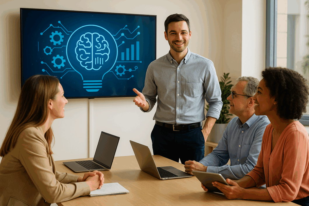 Photographie moderne de quatre professionnels en formation, autour d’un ordinateur, illustrant une formation intelligence artificielle à Grenoble dans un cadre collaboratif et dynamique