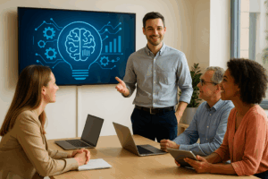 Photographie moderne de quatre professionnels en formation, autour d’un ordinateur, illustrant une formation intelligence artificielle à Grenoble dans un cadre collaboratif et dynamique
