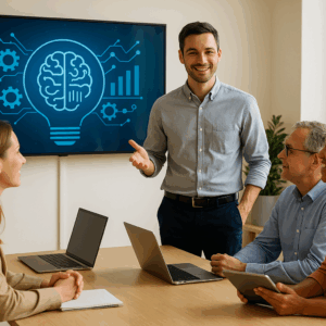 Photographie moderne de quatre professionnels en formation, autour d’un ordinateur, illustrant une formation intelligence artificielle à Grenoble dans un cadre collaboratif et dynamique