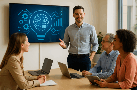 Photographie moderne de quatre professionnels en formation, autour d’un ordinateur, illustrant une formation intelligence artificielle à Grenoble dans un cadre collaboratif et dynamique