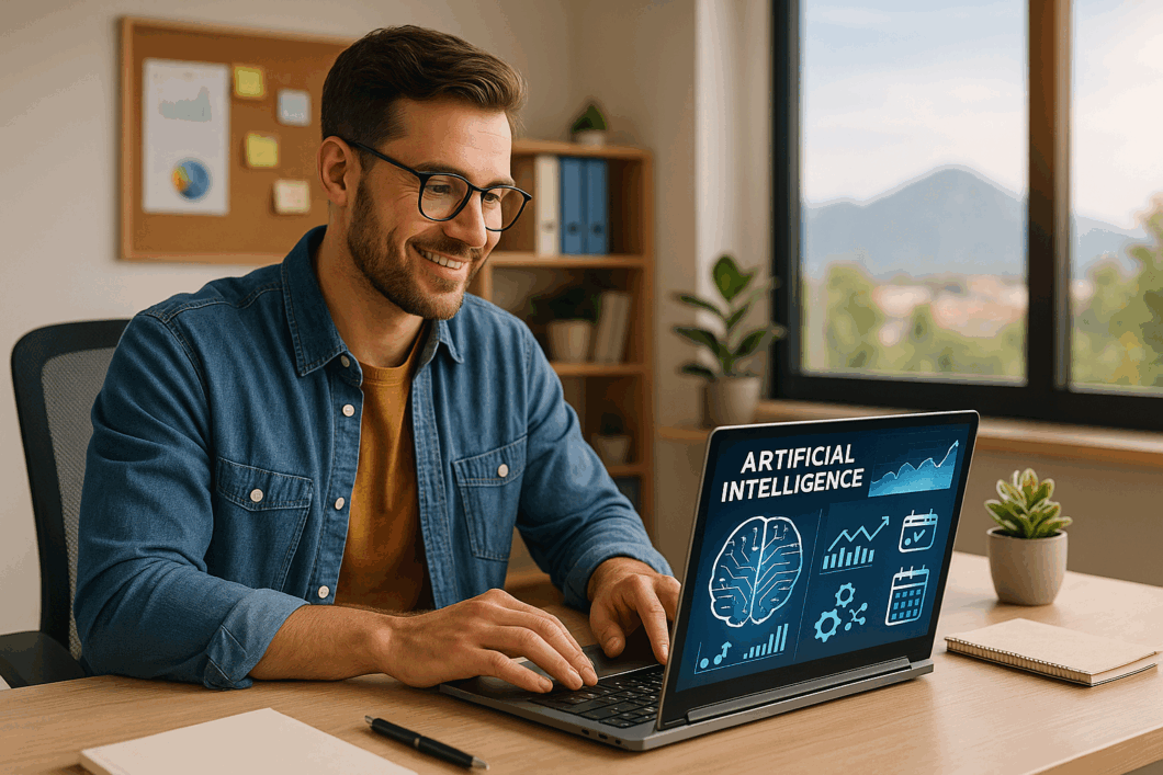 Photographie moderne et dynamique d’un gérant de TPE à Grenoble découvrant les outils d’intelligence artificielle lors d’une formation professionnelle.