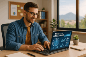 Photographie moderne et dynamique d’un gérant de TPE à Grenoble découvrant les outils d’intelligence artificielle lors d’une formation professionnelle.