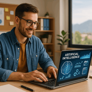 Photographie moderne et dynamique d’un gérant de TPE à Grenoble découvrant les outils d’intelligence artificielle lors d’une formation professionnelle.
